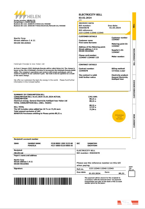 Finland HELEN business utility bill template in Word and PDF formats